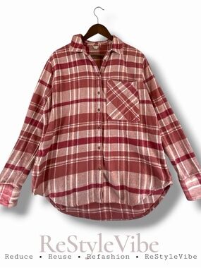 AERIE Women’s Size XS Shirt Top Button Front Plaid Flannel Oversized 100% Cotton